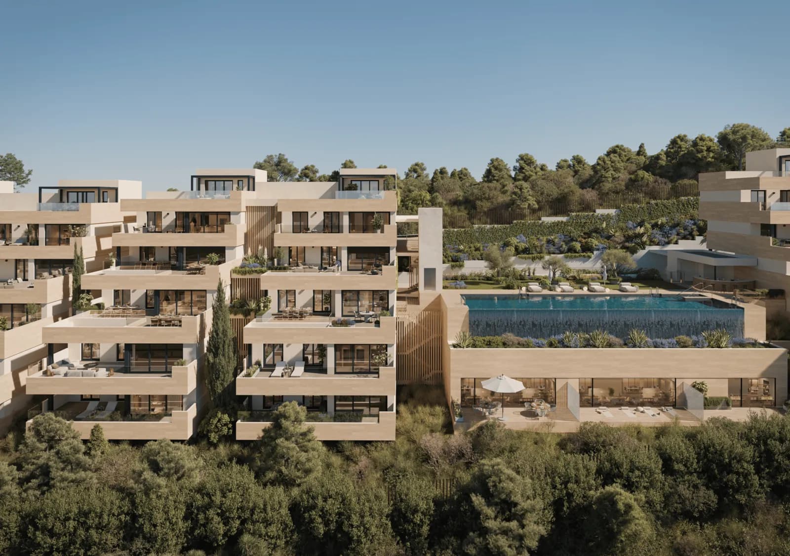 Résidence Soleil à Marbella, terrasses en gradins et piscine à débordement dans la verdure
