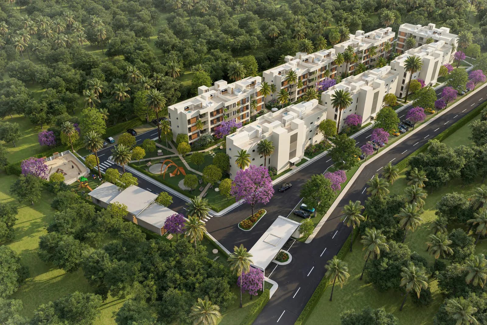 Vue aérienne des immeubles de 4 étages de Terra Serena entourés de verdure à Punta Cana